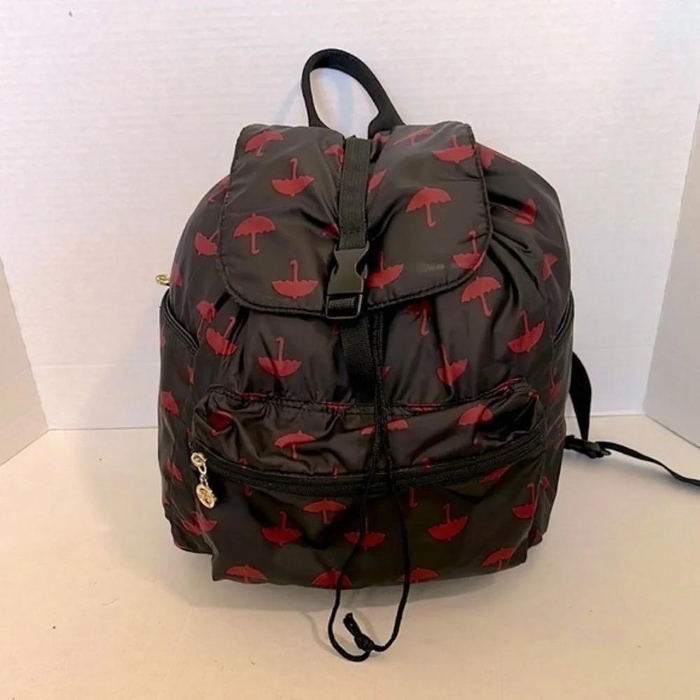 Anna Christina Firenze Red and Black umbrella Patterned Backpack EUC